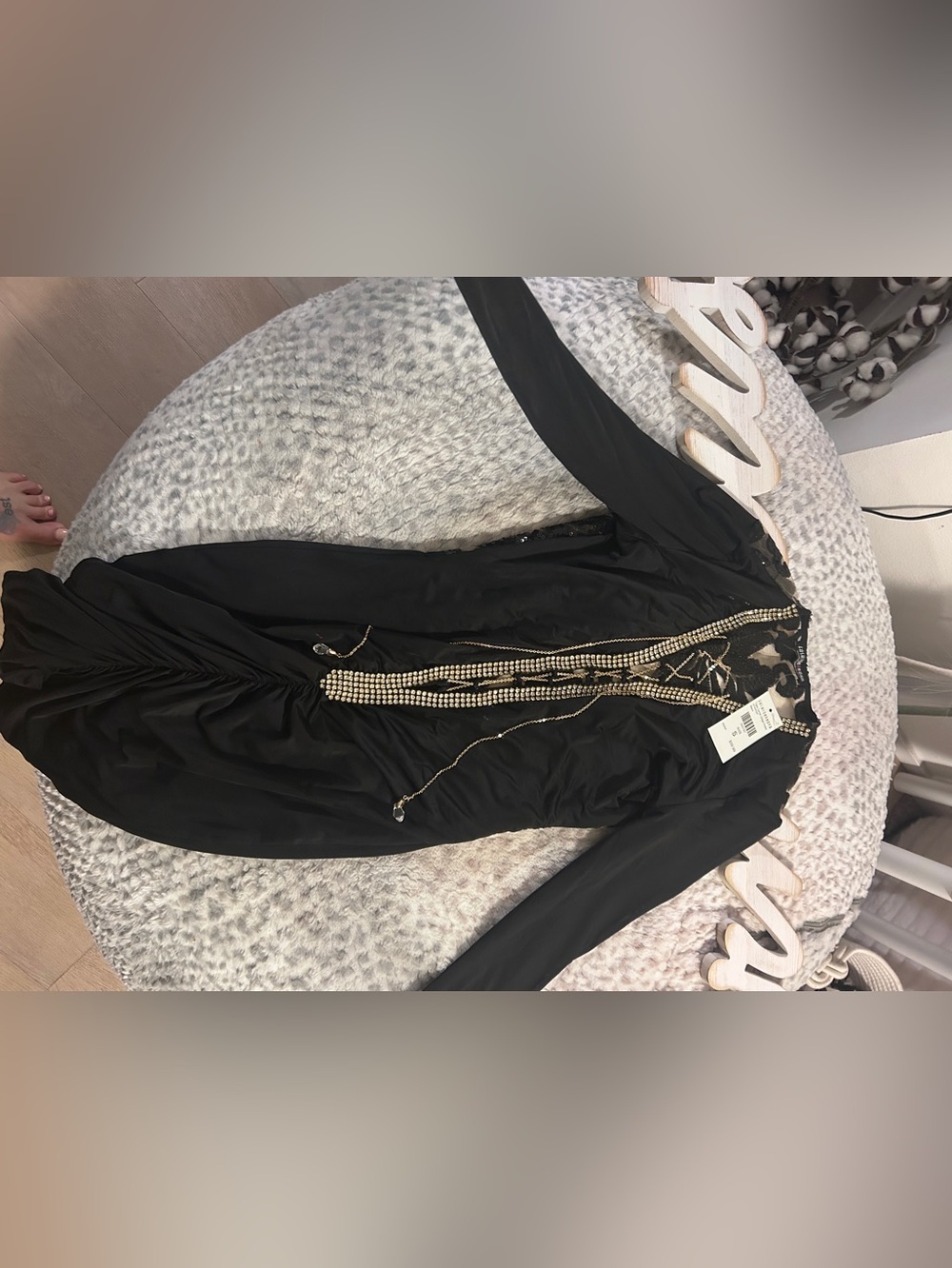 Fashion Nova Black Long Sleeve Dress with Gold Chain & Rhinestone Trim